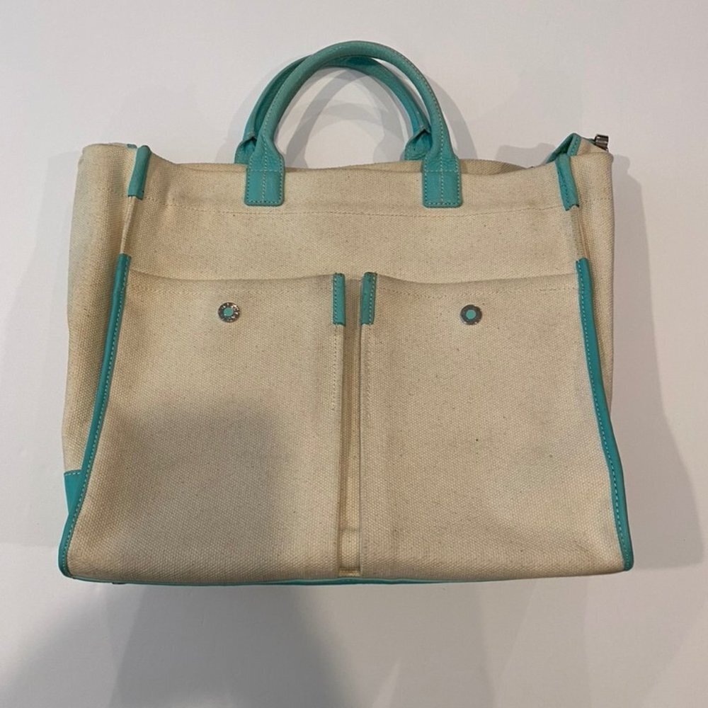 Tiffany&Co cream canvas teal leather laptop bag